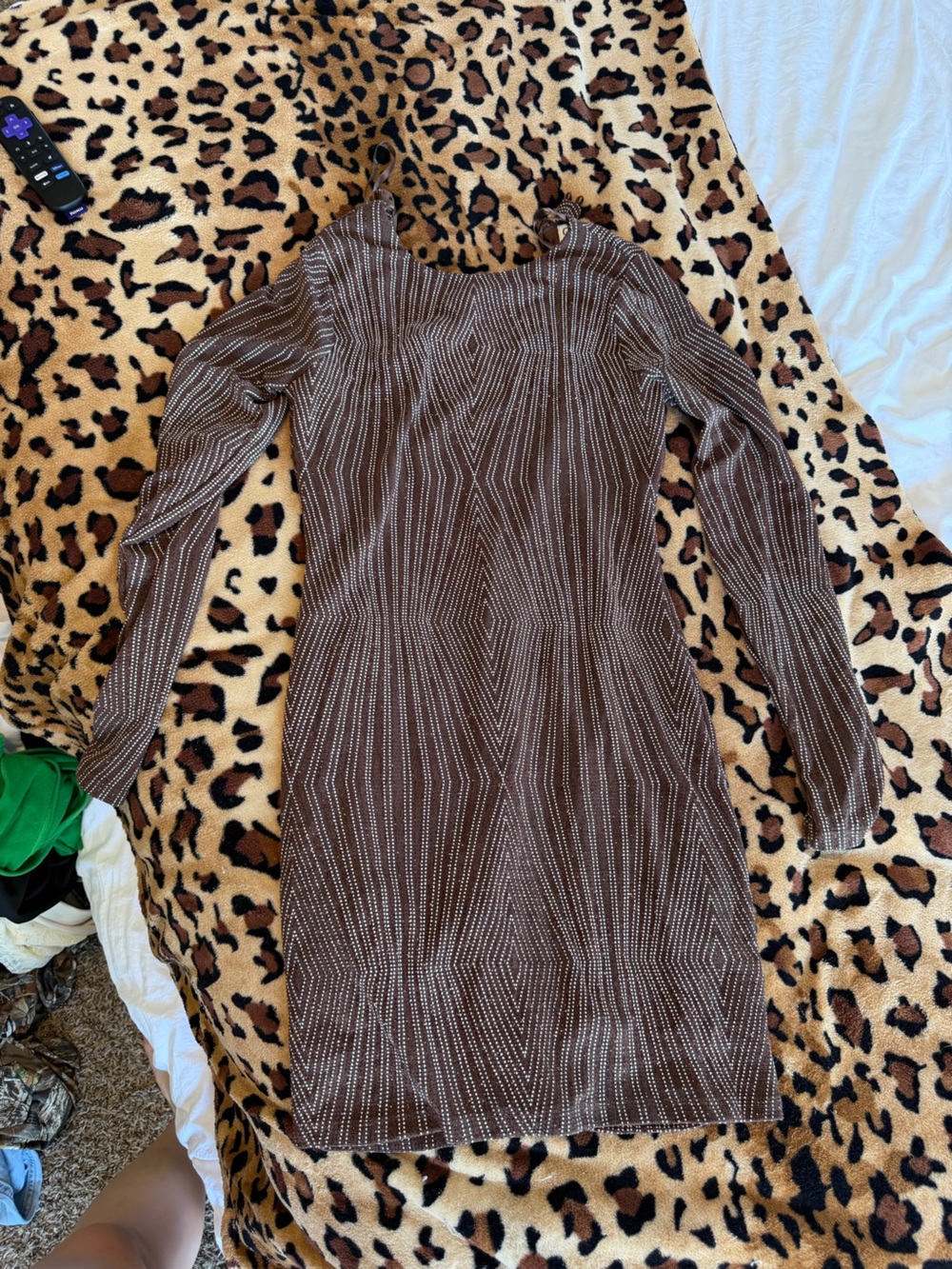 Brown Long Sleeve Fitted Knit Dress with White Dot Stripe